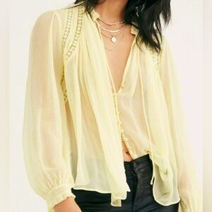 Free People• NWOT•Long Live Love Buttondown Blouse in a light yellow/lemon color